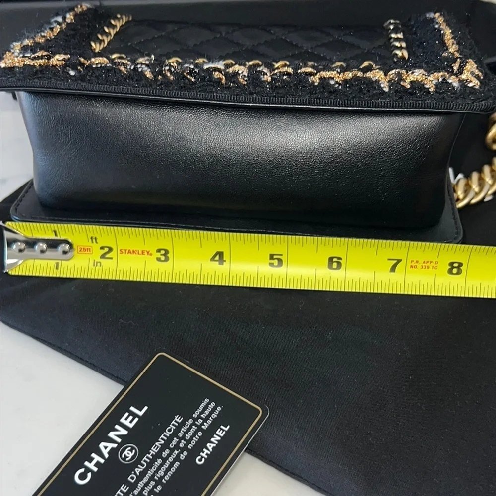 CHANEL Black and Gold tweed lambskin quilted braided jacket BOY flap bag